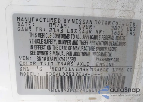 2019 Nissan Sentra Sv z USA, uszkodzony, nr VIN 3N1AB7AP0KY415690